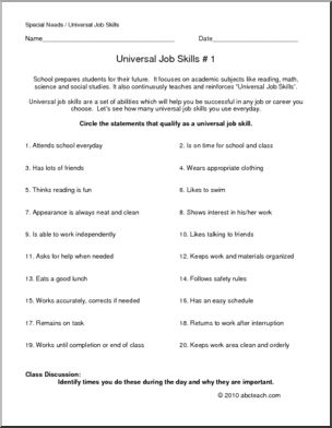 Special Needs: Recognizing Universal Job Skills 1: Practice  (secondary)
