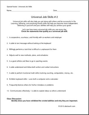 Special Needs: Recognizing Universal Job Skills 2: Practice (secondary)