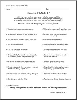 Special Needs: Recognizing Universal Job Skills 3: Practice (secondary)