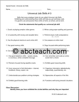 Special Needs: Recognizing Universal Job Skills 3: Practice (secondary)