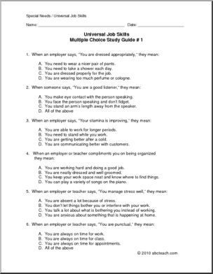 Special Needs: Recognizing Universal Job Skills: Study Guide 1: Assessment (secondary)