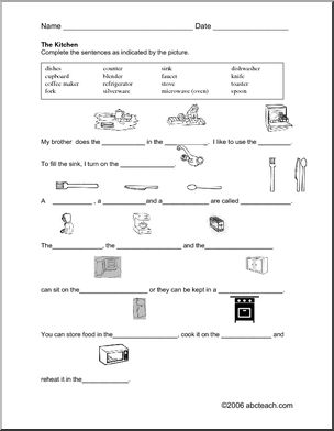 Worksheet: Picture Sentences – Kitchen Vocabulary (ESL)