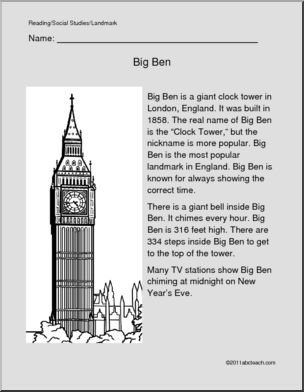 World Landmark – Big Ben (primary/elem)’ Color and Read