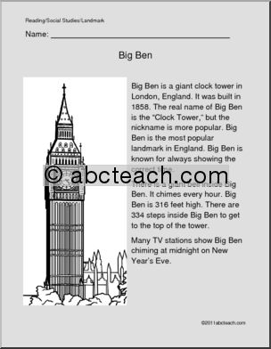World Landmark – Big Ben (primary/elem)’ Color and Read