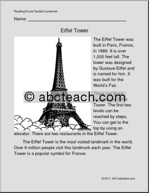 Color and Read: World Landmark –  The Eiffel Tower (primary/elem)