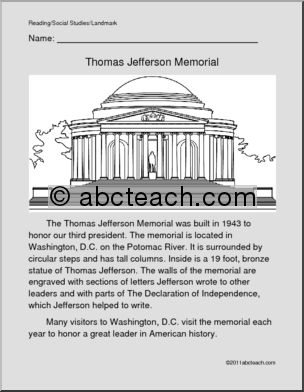 U. S. Landmark – Jefferson Memorial (primary/elem)’ Color and Read