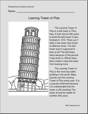 World Landmark – The Leaning Tower of Pisa (primary/elem) Color and Read