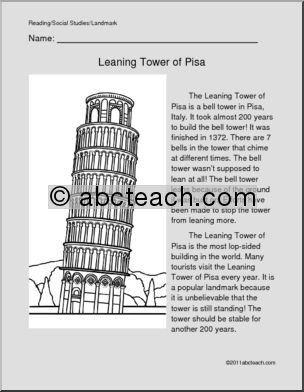 World Landmark – The Leaning Tower of Pisa (primary/elem) Color and Read