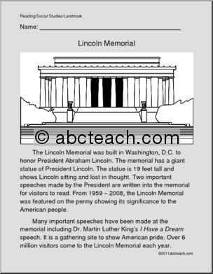 U. S. Landmark – Lincoln Memorial (primary/elem)’ Color and Read