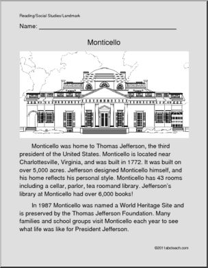 U. S. Landmark – Monticello (primary/elem) Color and Read