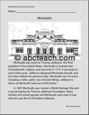 U. S. Landmark – Monticello (primary/elem) Color and Read