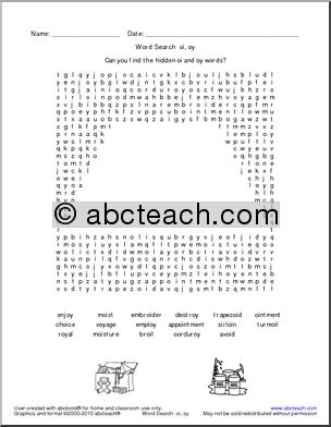 Phonics: Vowel Combinations oi-oy Word Search (hard) (elem)