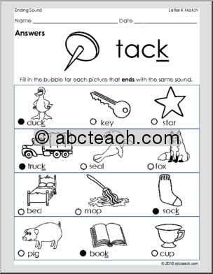 Ending Consonant Sounds - Matching Sound to Picture - Letter K ...