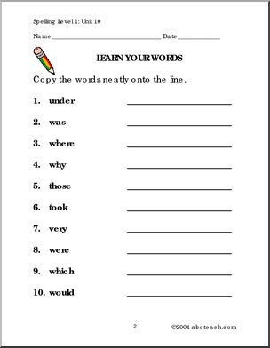 Level 1, Unit 10 High Frequency Spelling