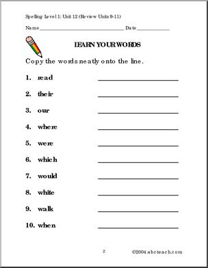 Level 1, Unit 12 High Frequency Spelling