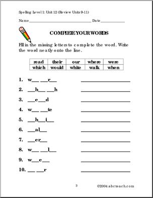 Level 1, Unit 12 High Frequency Spelling I abcteach.com