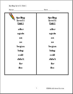 Level 1, Unit 1 (primary) High Frequency Spelling I abcteach.com