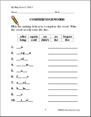 Level 1, Unit 1 (primary) High Frequency Spelling I abcteach.com