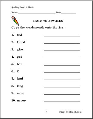 Level 1, Unit 5 High Frequency Spelling