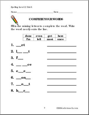 Level 2, unit 5 High Frequency Spelling – Abcteach