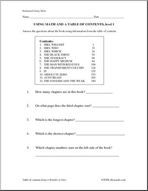 Worksheet: Table of Contents and Math (elem)
