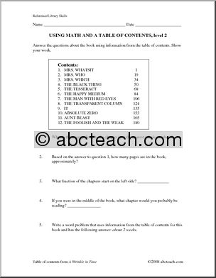 Worksheet: Table of Contents and Math (upper elem/middle)