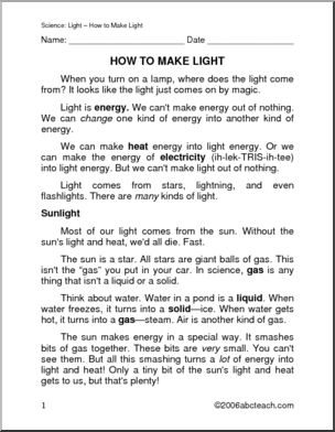 Comprehensions: Making Light (primary/elem) – Abcteach