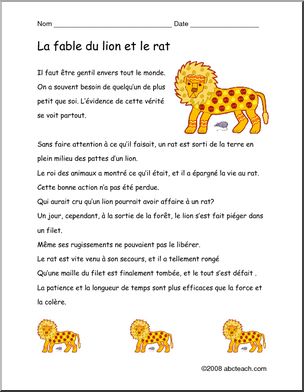 French: LectureÃ³Fable du lion et du rat, niveau dÃˆbutant