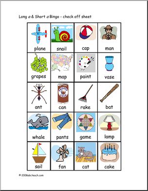 Long and Short A Vowel Sounds – checklist (color) Bingo