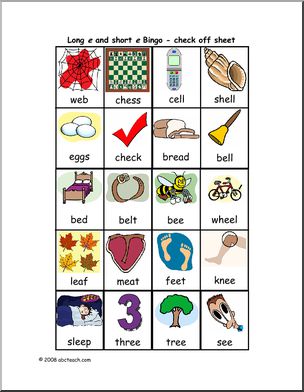 Long and Short E Vowel Sounds – checklist (color) Bingo