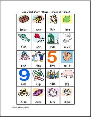 Long and Short I Vowel Sounds – checklist (color) Bingo