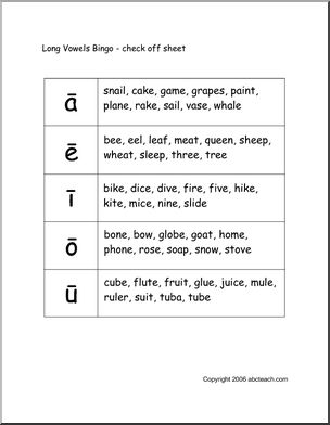 Bingo: Long Vowel Sounds – check sheet