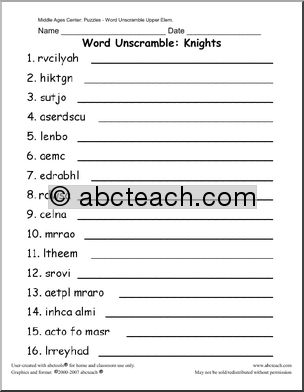 Unscramble the Words : Medieval Knights (upper elem)