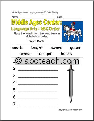 ABC Order – Medieval Theme (primary) Worksheet