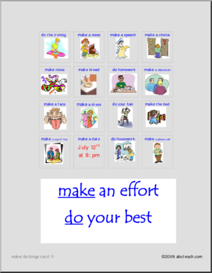 Bingo: Card Set 11 “Make” and “Do” Expressions (ESL)