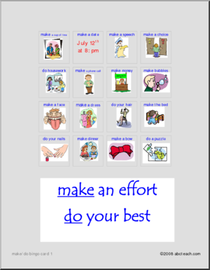 Bingo: Card Set  1 “Make” and “Do” Expressions (ESL)