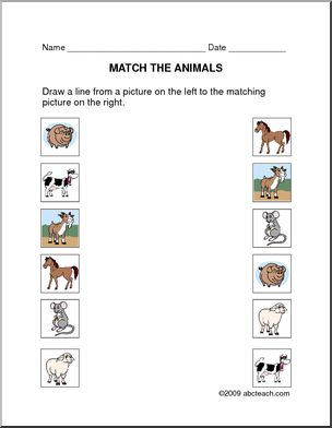 Worksheet: Matching – Animals (prek/primary) -color