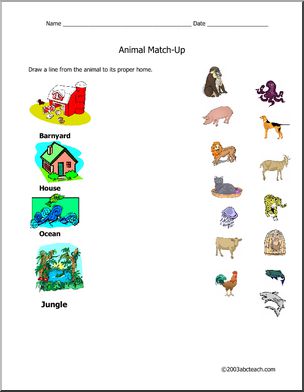 Worksheet: Matching – Animal Homes (primary) -color – Abcteach