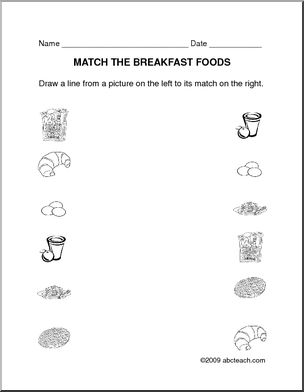 Worksheet: Matching – Breakfast theme (prek/primary) – b/w