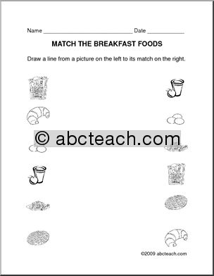 Worksheet: Matching – Breakfast theme (prek/primary) – b/w