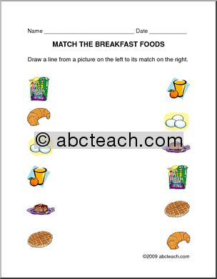 Worksheet: Matching – Breakfast (prek/primary) – color
