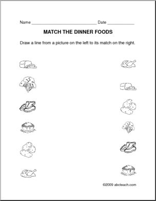 Worksheet: Matching – Dinner theme (prek/primary) -b/w