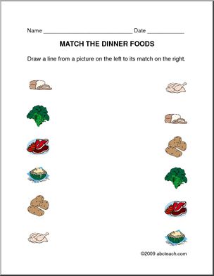 Worksheet: Matching – Dinner (prek/primary) – color