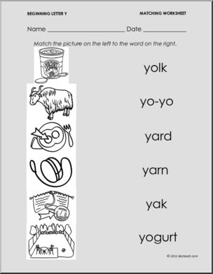 Matching: Picture to Word: Letter Y (PreK-1)