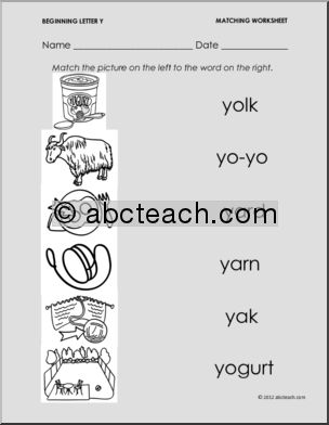 Matching: Picture to Word: Letter Y (PreK-1)