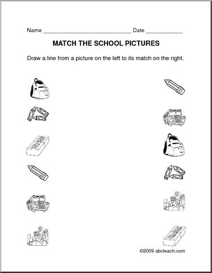 Worksheet: Matching – School (prek/primary) -b/w