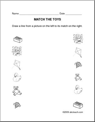 Worksheet: Matching – Toys theme (prek/primary) – b/w