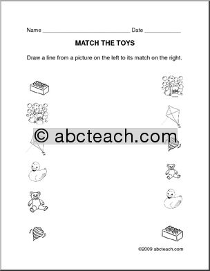 Worksheet: Matching – Toys theme (prek/primary) – b/w
