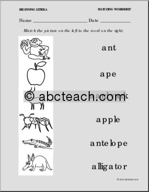Matching: Picture to Word Letter A (PreK-1)