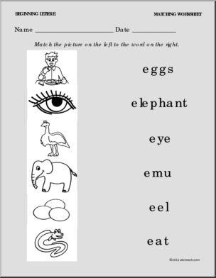 Matching: Picture to Word Letter E (PreK-1)